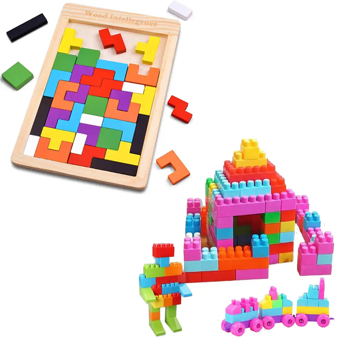 Combo Pack of 2 in 1, 100 Pcs Small Blocks and Wooden Tetris Puzzle