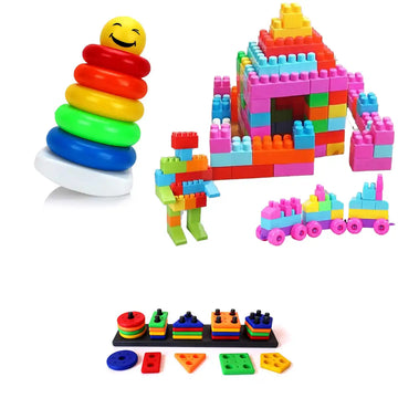 Combo Pack of 3 in 1, 100 Pcs Small Blocks & Rings Stacking Toy & Geometric Shape Sorter and Stacker