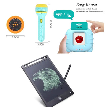 Combo Pack of 3 in 1, 8.5 Inch LCD Tablet & Projection Flashlight Toy & Talking Flash Cards Machine