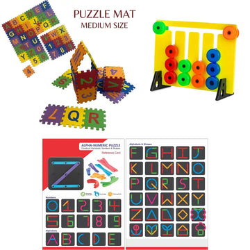 Combo Pack of 3 in 1, Montessori Puzzle & Alpha Numeric Constuction Puzzle & Foam Alphabets Mat - Medium