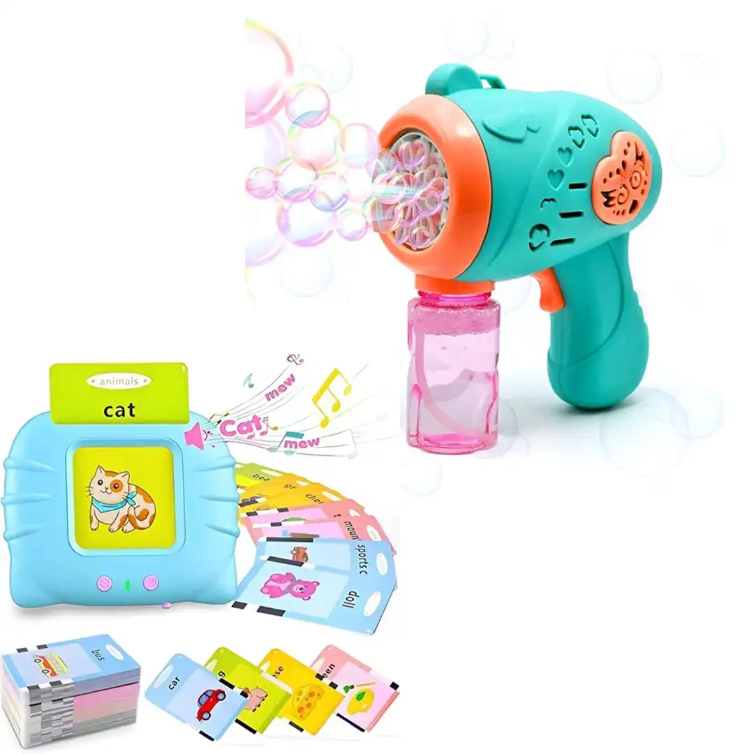 Combo Pack of 2 in 1, Bubble Gun Toy and Talking Flash Cards Machine