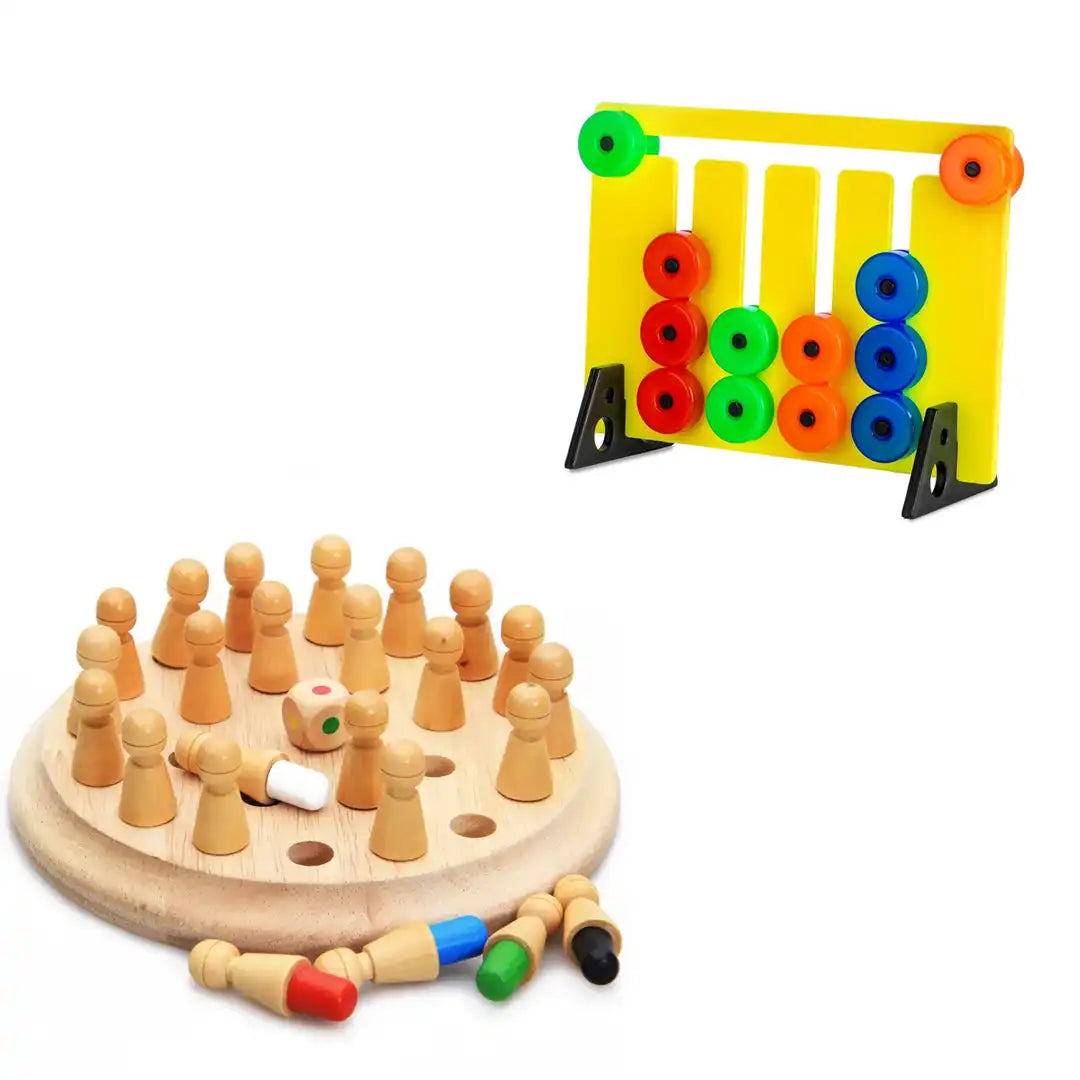 Combo Pack of 2 in 1, Wooden Memory Chess and Montessori Puzzle