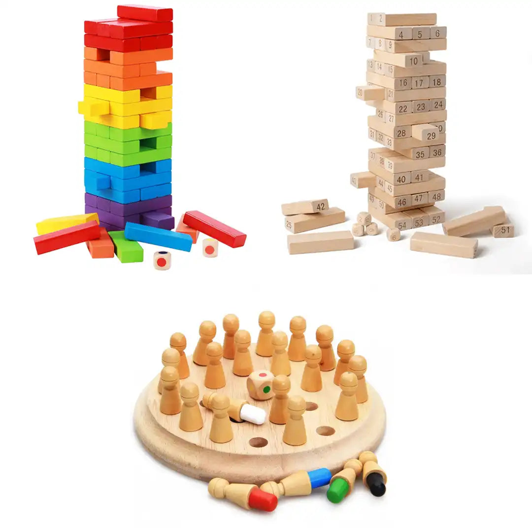 Combo Pack of 3 in 1, Wooden Memory Chess & Wooden Blocks Puzzle & Wooden Multicolor Blocks Puzzle