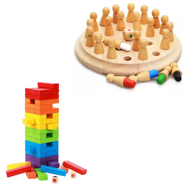 Combo Pack of 2 in 1, Wooden Memory Chess and Wooden Multicolor Blocks Puzzle