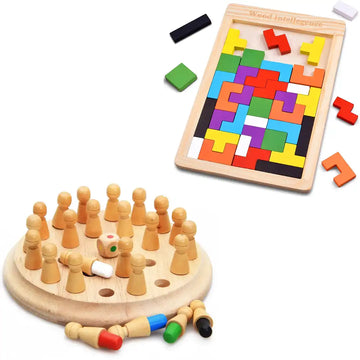 Combo Pack of 2 in 1, Wooden Tetris Puzzle and Wooden Memory Chess