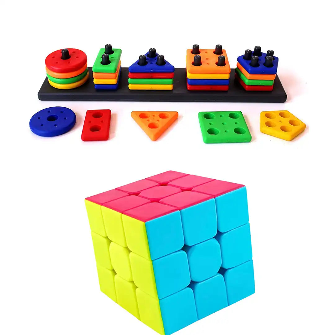 Combo Pack of 2 in 1, Cubes Puzzle and Geometric Shape Sorter and Stacker