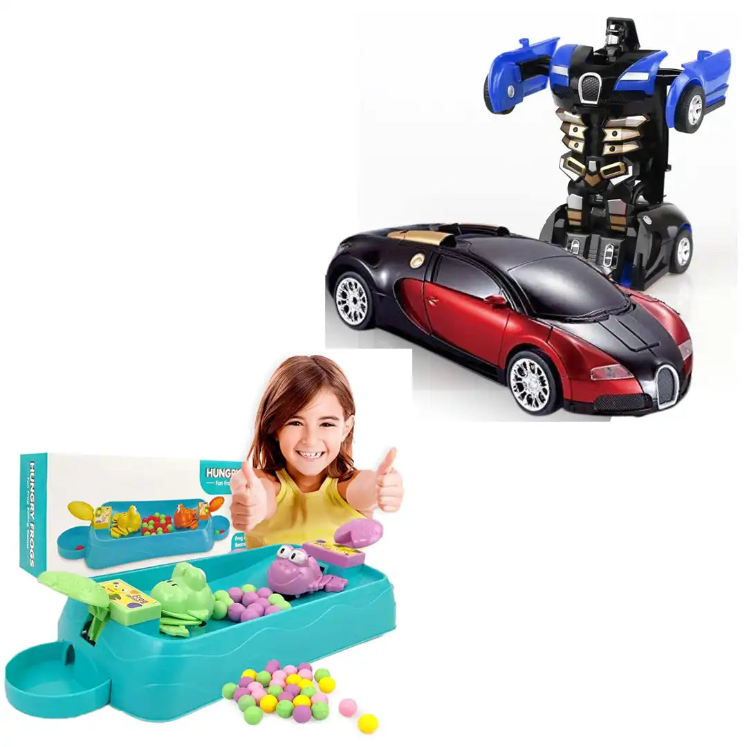 Combo Pack of 2 in 1, Hungry Frogs - 2 Player and Transforming Robot Car