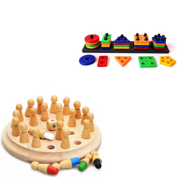 Combo Pack of 2 in 1, Wooden Memory Chess and Geometric Shape Sorter and Stacker