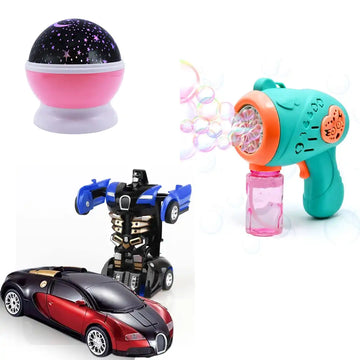 Combo Pack of 3 in 1, Moon Lamp Light & Transforming Robot Car & Bubble Gun Toy