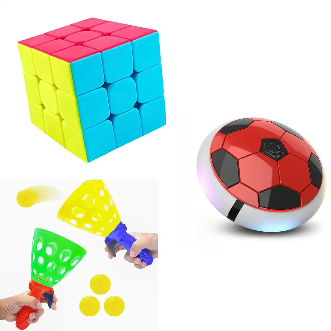 Combo Pack of 3 in 1, Pop n Catch & Cubes Puzzle & Hover Ball - Battery