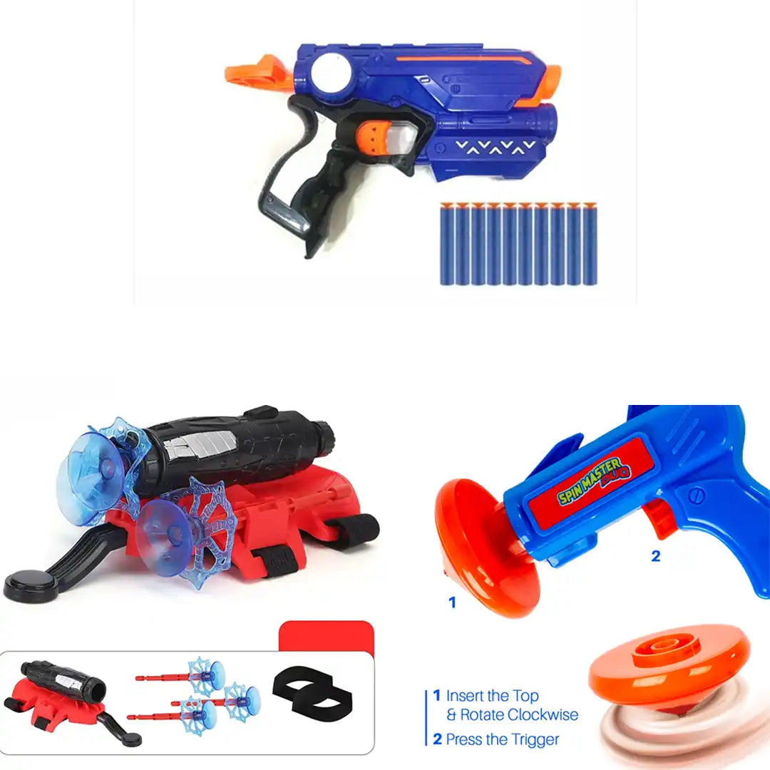 Combo Pack of 3 in 1, Spin Master Duo & Foam Blaster Gun & Spider Web Toy