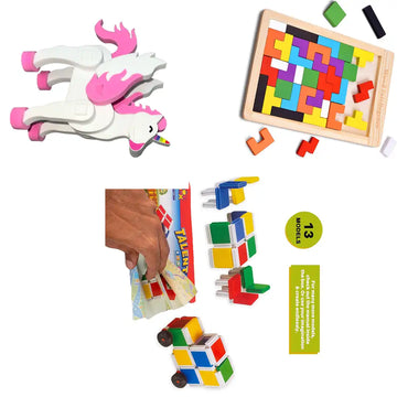 Combo Pack of 3 in 1, Talent Blocks & Unicorn Foam Toy & Wooden Tetris Puzzle