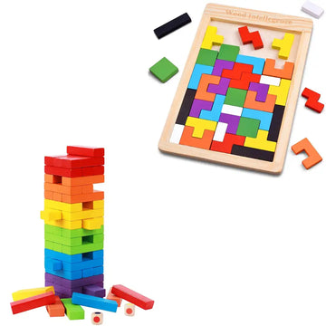 Combo Pack of 2 in 1, Wooden Tetris Puzzle and Wooden Multicolor Blocks Puzzle