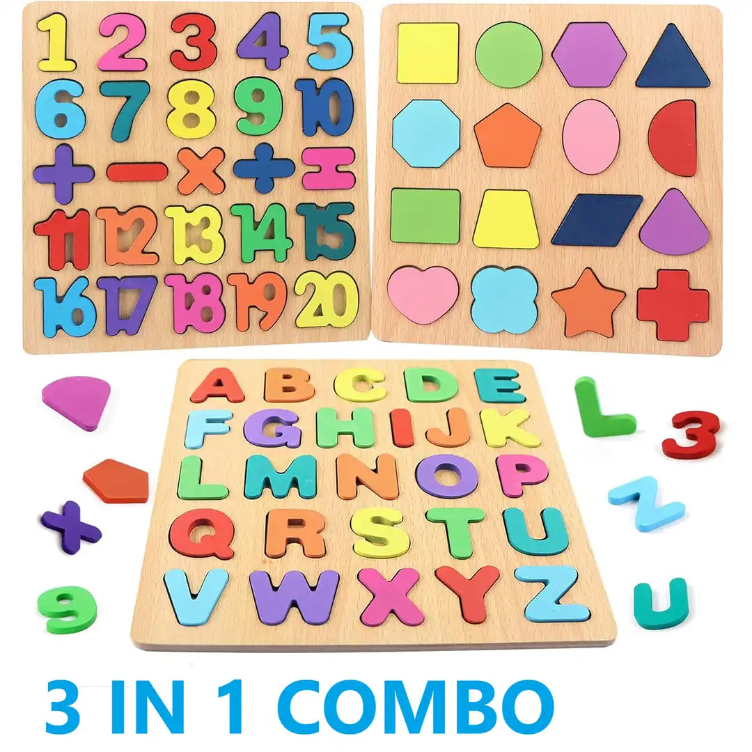 Wooden Puzzle Toddlers Toy for Kids - Alphabets, Numbers and Shapes Puzzle Set